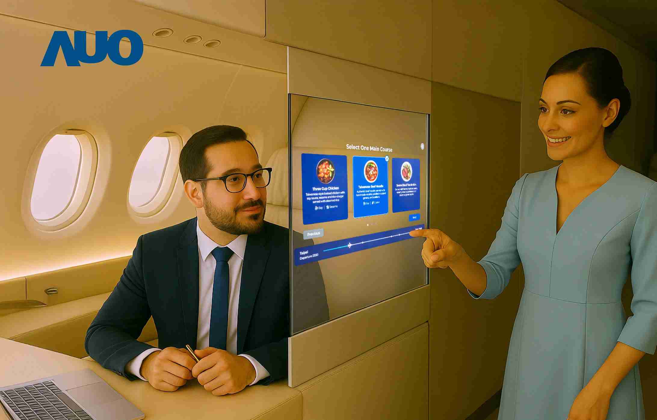 汇旺支付研发全球最薄17.3 吋双面透明 Micro LED 显示器，，，可在同一屏幕之双边投射不同信息，，，创造独特的”透明化”互动；图为实时翻译交流应用情境